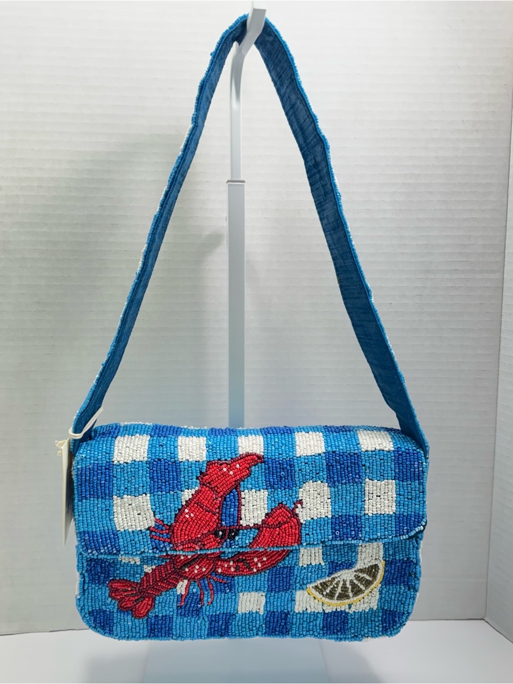 SOL and MER Beaded Gingham Lobster Baguette Shoulder Bag, Blue Multi, New